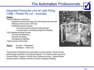 The Automation Professionals
Page 8
Integrated Production Line for Light Fitting
(1998 / Pierlite Pty Ltd – Australia)
Solution:
• Product Redesign for Automation
• Applying new joining technology (Tox) (eliminating screws and nuts)
• Reducing number of parts ( 30% less)
• Simplifying production process:
• by using pre-painted metal (eliminating painting)
• conveyor system ( eliminating transport and handling)
• Fully integrated production process
• Punching and Rollforming
• Assembly and Testing
• Packaging and Palletizing
• Total Investment: AUD 0.9 Mio
•Saving: On Labor: 14 Assemblers
On Material : > AUD 3 /unit
The Automation Professionals was responsible for product redesign, concept solutions,
detailed project specification and project management. The machine system was built by
Premiere Rollform ( Decoiler, Punching Press, Rollforming machine), Applied Robotics
(Assembly Station, Palletizing machine) and Solary Packaging (Packaging
 