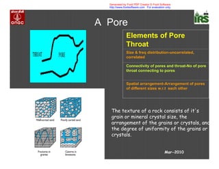 A Pore
Spatial arrangement-Arrangement of pores
of different sizes w.r.t each other
Connectivity of pores and throat-No of pore
throat connecting to pores
Size & freq distribution-uncorrelated,
correlated
Elements of Pore
Throat
The texture of a rock consists of it's
grain or mineral crystal size, the
arrangement of the grains or crystals, and
the degree of uniformity of the grains or
crystals.
Mar-2010
Generated by Foxit PDF Creator © Foxit Software
http://www.foxitsoftware.com For evaluation only.
 