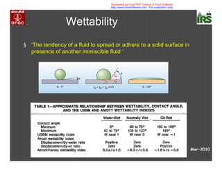 Wettability
§ ‘The tendency of a fluid to spread or adhere to a solid surface in
presence of another immiscible fluid ‘
Mar-2010
Generated by Foxit PDF Creator © Foxit Software
http://www.foxitsoftware.com For evaluation only.
 