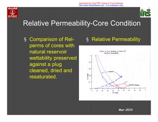 Relative Permeability-Core Condition
§ Comparison of Rel-
perms of cores with
natural reservoir
wettability preserved
against a plug
cleaned, dried and
resaturated.
§ Relative Permeability
Mar-2010
Generated by Foxit PDF Creator © Foxit Software
http://www.foxitsoftware.com For evaluation only.
 