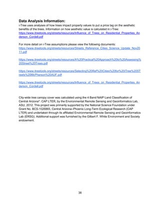 38
Data Analysis Information:
i-Tree uses analyses of how trees impact property values to put a price tag on the aesthetic
benefits of the trees. Information on how aesthetic value is calculated in i-Tree:
https://www.itreetools.org/streets/resources/Influence_of_Trees_on_Residential_Properties_An
derson_Cordell.pdf
For more detail on i-Tree assumptions please view the following documents:
https://www.itreetools.org/streets/resources/Streets_Reference_Cities_Science_Update_Nov20
11.pdf
https://www.itreetools.org/streets/resources/A%20Practical%20Approach%20to%20Assessing%
20Street%20Trees.pdf
https://www.itreetools.org/streets/resources/Selecting%20Ref%20Cities%20for%20iTree%20ST
reets%20McPherson%20AUF.pdf
https://www.itreetools.org/streets/resources/Influence_of_Trees_on_Residential_Properties_An
derson_Cordell.pdf
City-wide tree canopy cover was calculated using the 4 Band NAIP Land Classification of
Central Arizona*: CAP LTER, by the Environmental Remote Sensing and Geoinformatics Lab,
ASU, 2012. This project was primarily supported by the National Science Foundation under
Grant No. BCS-1026865, Central Arizona–Phoenix Long-Term Ecological Research (CAP
LTER) and undertaken through its affiliated Environmental Remote Sensing and Geoinformatics
Lab (ERSG). Additional support was furnished by the Gilbert F. White Environment and Society
endowment.
 