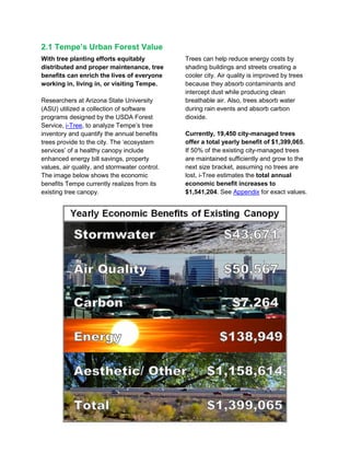 4
2.1 Tempe’s Urban Forest Value
With tree planting efforts equitably
distributed and proper maintenance, tree
benefits can enrich the lives of everyone
working in, living in, or visiting Tempe.
Researchers at Arizona State University
(ASU) utilized a collection of software
programs designed by the USDA Forest
Service, i-Tree, to analyze Tempe’s tree
inventory and quantify the annual benefits
trees provide to the city. The ‘ecosystem
services’ of a healthy canopy include
enhanced energy bill savings, property
values, air quality, and stormwater control.
The image below shows the economic
benefits Tempe currently realizes from its
existing tree canopy.
Trees can help reduce energy costs by
shading buildings and streets creating a
cooler city. Air quality is improved by trees
because they absorb contaminants and
intercept dust while producing clean
breathable air. Also, trees absorb water
during rain events and absorb carbon
dioxide.
Currently, 19,450 city-managed trees
offer a total yearly benefit of $1,399,065.
If 50% of the existing city-managed trees
are maintained sufficiently and grow to the
next size bracket, assuming no trees are
lost, i-Tree estimates the total annual
economic benefit increases to
$1,541,204. See Appendix for exact values.
 
