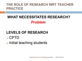 THE ROLE OF RESEARCH WRT TEACHER
PRACTICE
2015-05-23Research aid in teaching practice
3
WHAT NECESSITATES RESEARCH?
Problem
LEVELS OF RESEARCH
 CPTD
 Initial teaching students
 