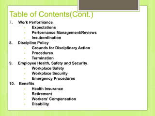 Table of Contents(Cont.)
7. Work Performance
• Expectations
• Performance Management/Reviews
• Insubordination
8. Discipline Policy
• Grounds for Disciplinary Action
• Procedures
• Termination
9. Employee Health, Safety and Security
• Workplace Safety
• Workplace Security
• Emergency Procedures
10. Benefits
• Health Insurance
• Retirement
• Workers’ Compensation
• Disability
 