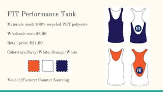 FIT Performance Tank
Materials used: 100% recycled PET polyester
Wholesale cost: $8.00
Retail price: $24.00
Colorways:Navy/White, Orange/White
Vendor/Factory: Counter Sourcing
 