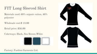 FIT Long Sleeved Shirt
Materials used: 60% organic cotton, 40%
polyester
Wholesale cost:$ 13.00
Retail price: $36.00
Colorways: Black, Sea Breeze,White
Factory: Fashion Garments Ltd.
 