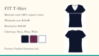FIT T-Shirt
Materials used: 100% organic cotton
Wholesale cost: $10.00
Retail price: $32.00
Colorways: Navy, Plum, White
Factory: Fashion Garments Ltd.
 