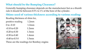 What should be the Bumping Clearance?
Generally bumping clearance depends on the manufacturer but as a thumb
rule it should be between 0.5% to 1% of the bore of the cylinder.
Shims used of various thickness according to various reading:
Reading thickness of shim for,
positive reading 1.2mm
0 to -0.10 1.2mm
-0.10 to-0.20 1.2mm
-0.20 to-0.30 1.3mm
-0.30 to-0.40 1.4mm
-0.40 to-0.5 0 1.5mm
These are the readings for Bombay engine.
 