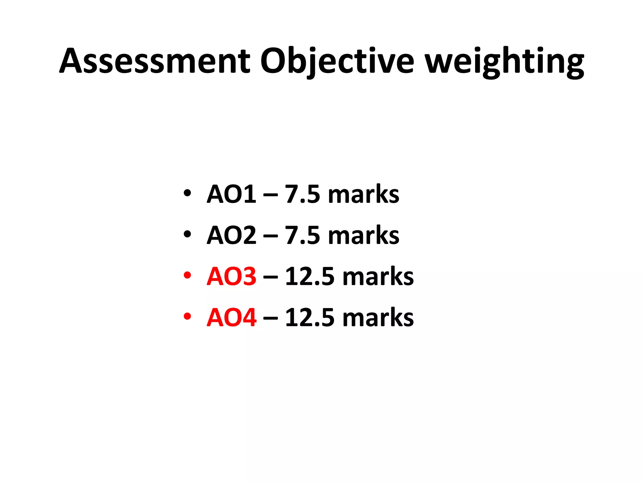 Assessment Objective weightingAO1 – 7.5 marksAO2 – 7.5 marksAO3 – 12.5 marksAO4 – 12.5 marks