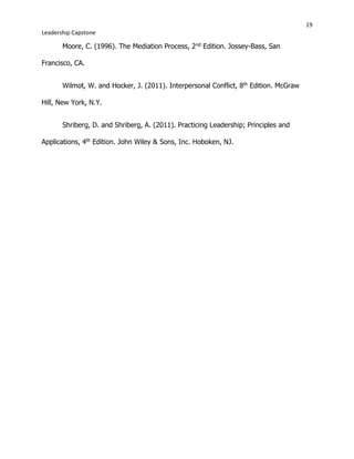 19
Leadership Capstone
Moore, C. (1996). The Mediation Process, 2nd Edition. Jossey-Bass, San
Francisco, CA.
Wilmot, W. and Hocker, J. (2011). Interpersonal Conflict, 8th Edition. McGraw
Hill, New York, N.Y.
Shriberg, D. and Shriberg, A. (2011). Practicing Leadership; Principles and
Applications, 4th Edition. John Wiley & Sons, Inc. Hoboken, NJ.
 
