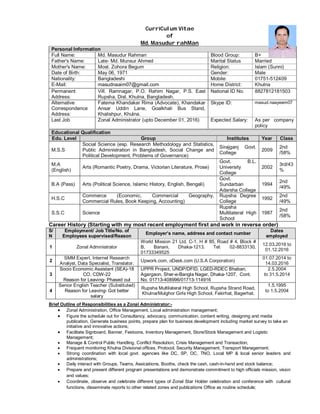 CurriCulum Vitae
of
Md. Masudur rahMan
Personal Information
Full Name: Md. Masudur Rahman Blood Group: B+
Father's Name: Late- Md. Munsur Ahmed Marital Status Married
Mother's Name: Most. Zohora Begum Religion: Islam (Sunni)
Date of Birth: May 06, 1971 Gender: Male
Nationality: Bangladeshi Mobile: 01751-512409
E-Mail: masudnaaim07@gmail.com Home District: Khulna
Permanent
Address:
Vill. Ramnagar, P.O. Rahim Nagar, P.S. East
Rupsha, Dist. Khulna, Bangladesh.
National ID No. 8827812181503
Alternative
Correspondence
Address:
Fatema Khandakar Rima (Advocate), Khandakar
Ansar Uddin Lane, Goalkhali Bus Stand,
Khalishpur, Khulna.
Skype ID: masud.naayeem07
Last Job Zonal Administrator (upto December 01, 2016) Expected Salary: As per company
policy
Educational Qualification
Edu. Level Group Institutes Year Class
M.S.S
Social Science (esp. Research Methodology and Statistics,
Public Administration in Bangladesh, Social Change and
Political Development, Problems of Governance)
Sirajganj Govt.
College
2009
2nd
/58%
M.A
(English)
Arts (Romantic Poetry, Drama, Victorian Literature, Prose)
Govt. B.L.
University
College
2002
3rd/43
%
B.A (Pass) Arts (Political Science, Islamic History, English, Bengali)
Govt.
Sundarban
Adarsha College
1994
2nd
/49%
H.S.C
Commerce (Economic, Commercial Geography,
Commercial Rules, Book Keeping, Accounting)
Rupsha Degree
College
1992
2nd
/49%
S.S.C Science
Rupsha
Multilateral High
School
1987
2nd
/58%
Career History (Starting with my most recent employment first and work in reverse order)
S/
N
Employment/ Job Title/No. of
Employees supervised/Reason
Employer’s name, address and contact number
Dates
employed
1 Zonal Administrator
World Mission 21 Ltd. C-1, H # 85, Road # 4, Block #
B, Banani, Dhaka-1213. Tel: 02-8833130,
01733349525
12.03.2016 to
01.12.2016
2
SMM Expert, Internet Research
Analyst, Data Specialist, Translator.
Upwork.com, oDesk.com (U.S.A Corporation)
01.07.2014 to
14.03.2016
3
Socio Economic Assistant (SEA)-18
CO, CDW-22
Reason for Leaving- Phased out
UPPR Project, UNDP/DFID, LGED-RDEC Bhaban,
Agargaon, Sher-e-Bangla Nagar, Dhaka-1207, Cont.
No. 01713-408996/01713-114916
2.5.2004
to 31.5.2014
4
Senior English Teacher (Substituted)
Reason for Leaving- Got better
salary
Rupsha Multilateral High School, Rupsha Strand Road,
Khulna/Mulghor Girls High School, Fakirhat, Bagerhat.
1.5.1995
to 1.5.2004
Brief Outline of Responsibilities as a Zonal Administrator:-
 Zonal Administration, Office Management, Local administration management;
 Figure the schedule out for Consultancy, advocacy, communication, content writing, designing and media
publication, Generate business points, prepare plan for business development including market survey to take an
initiative and innovative actions;
 Facilitate Signboard, Banner, Festoons, Inventory Management, Store/Stock Management and Logistic
Management;
 Manage & Control Public Handling, Conflict Resolution, Crisis Management and Transaction;
 Frequent monitoring Khulna Divisional offices, Protocol, Security Management, Transport Management;
 Strong coordination with local govt. agencies like DC, SP, OC, TNO, Local MP & local senior leaders and
administrations;
 Daily interact with Groups, Teams, Assiciations, Booths, check the cash, cash-in-hand and stock balance;
 Prepare and present different program presentations and demonstrate commitment to high officials mission, vision
and values;
 Coordinate, observe and celebrate different types of Zonal Star Holder celebration and conference with cultural
functions, disseminate reports to other related zones and publications Office as routine schedule;
 
