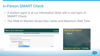 • A student signs in at our Information Desk with a visit topic of
SMART Check.
• The Walk-In Monitor shows their name and Maximum Wait Time
In-Person SMART Check
 