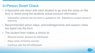 • A Specialist sits down with each student to go over the areas on the
form in detail using the students actual account information
o Information entered into the form is updated to the Salesforce contact record in
real time
• Recommended action steps, acknowledgements and session notes
are typed into the form
• The student then makes a choice to:
o Rescind his/her decision to withdrawal
o Keep some of his/her courses
o Continue with the full withdrawal
In-Person Smart Check
 