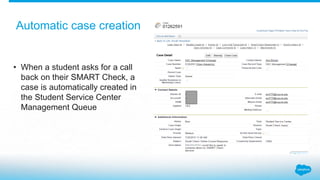 Automatic case creation
• When a student asks for a call
back on their SMART Check, a
case is automatically created in
the Student Service Center
Management Queue
 