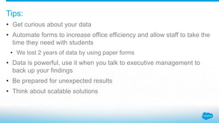 Tips:
• Get curious about your data
• Automate forms to increase office efficiency and allow staff to take the
time they need with students
• We lost 2 years of data by using paper forms
• Data is powerful, use it when you talk to executive management to
back up your findings
• Be prepared for unexpected results
• Think about scalable solutions
 