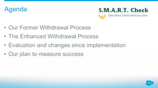 Agenda
• Our Former Withdrawal Process
• The Enhanced Withdrawal Process
• Evaluation and changes since implementation
• Our plan to measure success
 