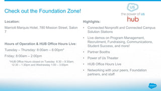 Location:
Marriott Marquis Hotel, 780 Mission Street, Salon
7
Hours of Operation & HUB Office Hours Live:
Tuesday – Thursday: 8:00am – 6:00pm*
Friday: 8:00am – 2:00pm
*HUB Office Hours closed on Tuesday 8:30 – 9:30am;
12:30 – 1:30pm and Wednesday 1:00 – 3:00pm
Highlights:
• Connected Nonprofit and Connected Campus
Solution Stations
• Live demos on Program Management,
Recruitment, Fundraising, Communications,
Student Success, and more!
• Partner Booths
• Power of Us Theater
• HUB Office Hours Live
• Networking with your peers, Foundation
partners, and staff
Check out the Foundation Zone!
 