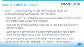 • SMART Check is a way to talk with students about the
consequences of withdrawing from courses.
• Students learn how withdrawing from a course will specifically impact
them both academically and financially
• Students are offered campus resources to help them achieve their
academic goals
• Each session delivers personalized information to help students
make an educated choice about their proposed withdrawal
• Our professional students are exempt from the SMART Check
process, as there are “stop-gaps” in place in their programs
What is a SMART Check?
 