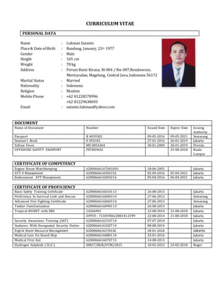CURRICULUM VITAE
PERSONAL DATA
Name : Lukman Sutanto
Place& Date of Birth : Bandung, January, 23th 1977
Gender : Male
Height : 165 cm
Weight : 70 kg
Address : Perum Bumi Kirana, Rt 004 / Rw 007,Bondowoso,
Mertoyudan, Magelang, Central Java,Indonesia 56172
Marital Status : Married
Nationality : Indonesia
Religion : Moslem
Mobile Phone : +62 81228578996
+62 81229638693
Email : sutanto.lukman@yahoo.com
DOCUMENT
Name of Document Number Issued Date Expire Date Issuing
Authority
Passport B 4039302 09-05-2016 09-05-2021 Semarang
Seaman’s Book E 054181 27-01-2016 26-01-2019 Jakarta
Yellow Fever ME 0054364 30-01-2009 30-01-2019 Florida
OFFSHORE SAFETY PASSPORT PETRONAS 25-08-2018 Kuala
Lumpur
CERTIFICATE OF COMPETENCY
Engine Room Watchkeeping 6200066616T601001 18-06-2001 Jakarta
ATT V Manajement 6200066616S50216 05-04-2016 05-04-2021 Jakarta
Endosement ATT Manajement 6200066616SE0216 05-04-2016 06-04-2021 Jakarta
CERTIFICATE OF PROFICIENCY
Basic Safety Training Certificate 6200066616010113 26-08-2013 Jakarta
Proficiency In Survival Craft and Rescue
Boats
6200066616040314 27-06-2013 Semarang
Advanced Fire Fighting Certificate 6200066616060314 27-06-2013 Semarang
Tanker Familiarization 6200066616090113 26-08-2013 Jakarta
Tropical-BOSIET with EBS 14266901 22-08-2014 21-08-2018 Jakarta
OPITO : 7134590622081412399 22-08-2014 21-08-2018 Jakarta
Security Awareness Training (SAT) 6200066616310714 07-07-2014 Jakarta
Seafarers With Designated Security Duties 6200066616320714 08-08-2014 Jakarta
Engine Room Resource Management 6200066616270116 18-01-2016 Jakarta
Medical Care On Board Ship 6200066616080116 25-01-2016 Jakarta
Medical First Aid 6200066616070715 14-08-2015 Jakarta
Hydrogen Sulphide ( H2S ) 00817/BGR/OTM/2015 10-02-2015 10-02-2018 Bogor
 