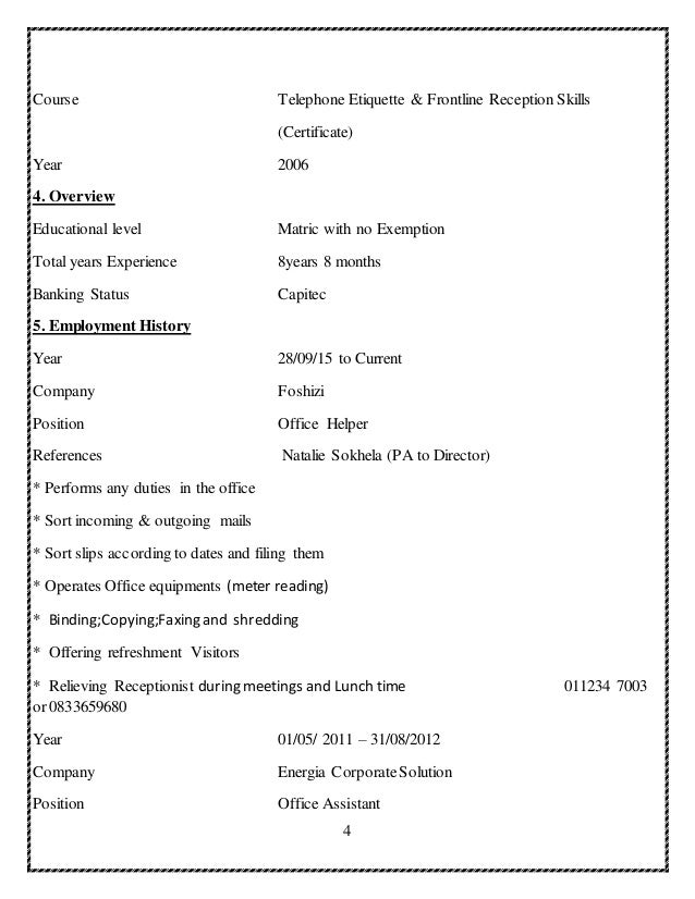 application for employment as a receptionist