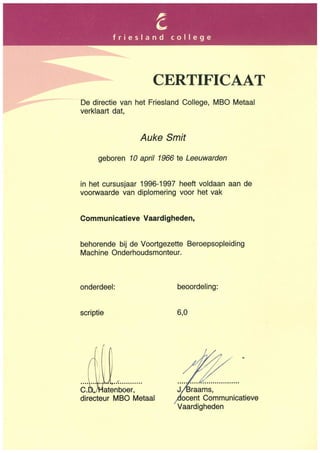 Certificate Communication advanced mechanic training A.Smit
