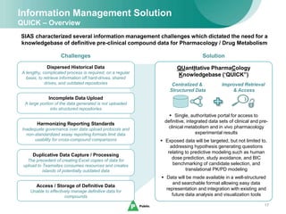 17
Information Management Solution
QUICK – Overview
SIAS characterized several information management challenges which dictated the need for a
knowledgebase of definitive pre-clinical compound data for Pharmacology / Drug Metabolism
Dispersed Historical Data
A lengthy, complicated process is required, on a regular
basis, to retrieve information off hard-drives, shared
drives, and outdated repositories
Duplicative Data Capture / Processing
The precedent of creating Excel copies of data for
upload to Teamsites consumes resources and creates
islands of potentially outdated data
Access / Storage of Definitive Data
Unable to effectively manage definitive data for
compounds
Challenges
Incomplete Data Upload
A large portion of the data generated is not uploaded
into structured repositories
Harmonizing Reporting Standards
Inadequate governance over data upload protocols and
non-standardized assay reporting formats limit data
usability for cross-compound comparisons
Solution
QUantItative PharmaCology
Knowledgebase (‘QUICK”)
 Single, authoritative portal for access to
definitive, integrated data sets of clinical and pre-
clinical metabolism and in vivo pharmacology
experimental results
 Exposed data will be targeted, but not limited to,
addressing hypothesis generating questions
relating to predictive modeling such as human
dose prediction, study avoidance, and BIC
benchmarking of candidate selection, and
translational PK/PD modeling
 Data will be made available in a well-structured
and searchable format allowing easy data
representation and integration with existing and
future data analysis and visualization tools
Centralized &
Structured Data
Improved Retrieval
& Access
 