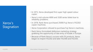 Xerox’s
Stagnation
 In 1971, Xerox developed first super high speed colour
copier.
 Xerox’s mid-volume 4000 and 3100 series failed due to
reliability problems.
 In 1978, Rank Xerox purchased 25000 Fuji Xerox’s FX2202
copier machines.
 Xerox Corporation refused to purchase Fuji Xerox’s machines.
 Rank Xerox formulated defensive marketing strategy
grabbing the opportunity of late entry of Kodak in Europe.
 Because of Rank Xerox’s success with FX products, Xerox
began to import FX2202 and later FX2300 and FX2350.
3/22/2016 Indian Institute of Management Raipur 14
 