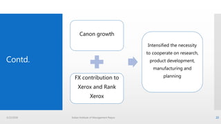 Contd.
Canon growth
FX contribution to
Xerox and Rank
Xerox
Intensified the necessity
to cooperate on research,
product development,
manufacturing and
planning
3/22/2016 Indian Institute of Management Raipur 22
 