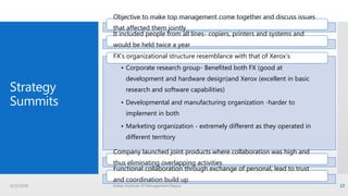 Strategy
Summits
Objective to make top management come together and discuss issues
that affected them jointly
It included people from all lines- copiers, printers and systems and
would be held twice a year
• Corporate research group- Benefited both FX (good at
development and hardware design)and Xerox (excellent in basic
research and software capabilities)
• Developmental and manufacturing organization -harder to
implement in both
• Marketing organization - extremely different as they operated in
different territory
FX’s organizational structure resemblance with that of Xerox’s
Company launched joint products where collaboration was high and
thus eliminating overlapping activities
Functional collaboration through exchange of personal, lead to trust
and coordination build up
3/22/2016 Indian Institute of Management Raipur 23
 