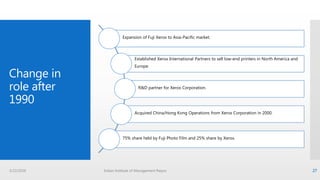 Change in
role after
1990
Expansion of Fuji Xerox to Asia-Pacific market.
Established Xerox International Partners to sell low-end printers in North America and
Europe.
R&D partner for Xerox Corporation.
Acquired China/Hong Kong Operations from Xerox Corporation in 2000.
75% share held by Fuji Photo Film and 25% share by Xerox.
3/22/2016 Indian Institute of Management Raipur 27
 