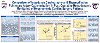 Comparison of Impedance Cardiography and Thermodilution
Pulmonary Artery Catheterization in Post-Operative Hemodynamic
Monitoring of Hypervolemic Cardiac Surgery Patients
Lyons, M. Melanie1, Miller, Jim2; White, Marcia2, Crosby, Ivan2, Sonnad, Seema1, Horan, Annamarie1, Burns, Suzanne2, Gracias, Vicente1
1Division of Traumatology and Surgical Critical Care, The Hospital of the University of Pennsylvania, Philadelphia, Pennsylvania,
2Thoracic Cardiovascular Post-Op ICU, University of Virginia Health System, Charlottesville, Virginia
Post-op hemodynamic monitoring using
thermodilution pulmonary artery catheter (TD
PAC) is critical in the immediate hours following
cardiac surgery. The traditional approach
involves thermodilution via a pulmonary artery
catheter (TD PAC). However, the use of TD
PAC may produce complications including
catheter sepsis, bleeding, or pneumothorax,
and death. The second generation modules of
impedance cardiography (ICG) have
consistently shown to be a safe, valid and
reproducible tool of measure in the
management and treatment stratification of
congestive heart failure patients as well as
other subsets of patient population. We
examined the role of ICG in monitoring cardiac
index and stroke volume in the 8 hours
immediately following cardiac surgery.
INTRODUCTION
#215
Hemodynamic measurements obtained from
an ICG device will be as accurate as
measurements from a TD PAC in post-op
cardiac surgery patients.
HYPOTHESIS
§  20 post-op cardiac surgery patients
were monitored using ICG and TD PAC
simultaneously for 8 hours following
arrival in a cardiac surgery ICU.
§  Cardiac index, stroke volume, fluid
volumes, output, and pre-op and end of
study weights were recorded at 4 time
points during the 8 hours further
analyzed.
§  Pearson and Spearman correlations
were calculated for cardiac index and
stroke volume. A subgroup analysis by
time period and net fluid volume were
also performed.
METHODS
§  For all measurements during the 8 hour period, the correlation between ICG and TD PAC
measure of stroke volume was r = 0.157 (p = 0.2) and for cardiac index was r = 0.469 (p = 0.01).
§  When both stroke volume and cardiac index were examined, correlations were not significant for
patients with net positive fluid balance > 500ml. 17 of 20 patients received > 500ml net positive
fluid balance based on both volume measurement and weight differential.
RESULTS
While cardiac index
measurements appear to
correlate relatively well
between ICG and TD
PAC, the same is not
true of stroke volume.
Further, if adjusted for
time of measurement
a n d f l u i d v o l u m e ,
correlation between ICG
and TD PAC is only
significant for patients
receiving small volumes
of fluid, the minority
among cardiac surgery
patients. ICG is unlikely
to prove valuable for
hemodynamic monitoring
in this patient population.
CONCLUSION
The following hemodynamics were also
collected for further analysis: heart rate,
mean arterial pressure, cardiac output,
central venous pressure, thoracic fluid
content, systemic vascular resistance
and index, left ventricular stroke work
index, vasopressors utilized, peep, past
medical history, and type of cardiac
surgery.
FIGURE 1 - Cardiac Index: ICG Method vs TD PAC Method FIGURE 2 - Stroke Volume: ICG Method vs TD PAC Method
Cardiac Index (ICG)
0
0.5
1
1.5
2
2.5
3
3.5
4
4.5
5
0 0.5 1 1.5 2 2.5 3 3.5 4
CardiacIndex(TDPAC) <500 ml *p = 0.01
>500 ml p > 0.05
Resuscitation Volume
Stroke Volume (ICG)
0
10
20
30
40
50
60
70
80
90
0 10 20 30 40 50 60 70 80
StrokeVolume(ml)(TDPAC)
< 500 ml p > 0.05
> 500 ml p > 0.05
Resuscitation Volume
FIGURE 4 - Stroke Volume: ICG Method
vs TD PAC Method All Values
FIGURE 3 - Cardiac Index: ICG Method
vs TD PAC Method All Values
0
1
2
3
4
5
0 500 1000 1500 2000 2500 3000
Resuscitation Volume (ml)
CardiacIndex
ICG Cardiac Index
TD PAC Cardiac Index
0
10
20
30
40
50
60
70
80
90
0 500 1000 1500 2000 2500 3000
Resuscitation Volume (ml)
StrokeVolume(ml)
ICG-Stroke Volume
TD PAC Stroke Volume
 