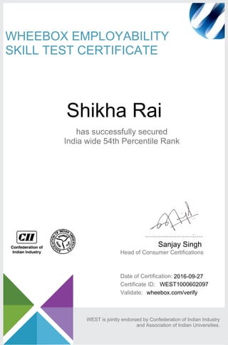 2016-09-27
WEST is jointly endorsed by Confederation of Indian Industry
and Association of Indian Universities.
Sanjay Singh
Date of Certification:
Shikha Rai
Validate:
Head of Consumer Certifications
Certificate ID:
WHEEBOX EMPLOYABILITY
SKILL TEST CERTIFICATE
WEST1000602097
wheebox.com/verify
has successfully secured
India wide 54th Percentile Rank
 