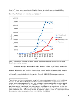 3
America’s urban future with the city filing for Chapter Nine bankruptcy on July 18, 2013,
becoming the largest American city ever to do so.3
Figure 1. Populations of Vancouver and Detroit and their metropolitan (statistical) areas, 1810-2011. Source:
Canadian and American censuses.
Vancouver stands in stark contrast to the shrinking Eastern city of Detroit as a rapidly
growing Western city (see Figure 1). While Detroit is often pointed to as an example of a city
with very low population density (though see Clement, 2013: 66-67), Vancouver’s dense
3
Several events stand out in this chronology: Henry Ford’s innovations of the assembly line and the five dollar a
day wage, the 1974 Milliken v. Bradley Supreme Court decision against the forced desegregation of schools
through bussing, the 1943 and 1967 race riots, some of the largest and most devastating in the country, and the
deadly Stop the Robberies, Enjoy Safe Streets (STRESS) paramilitary police team that was responsible for 500
warrantless-raids and 20 killings over its 30 month existence until the election of Coleman Young, the city’s first
black mayor, in 1974 (see Georgakas & Surkin, 1998: 168). For a historical overview of many of these events and
others, see Sugrue (2005), Conot (1974), or the work of Clarence M. Burton (e.g. 1930). For a more popular take on
Detroit’s history and current situation, refer to Chafets (1990) or Binelli (2012).
0
500,000
1,000,000
1,500,000
2,000,000
2,500,000
3,000,000
3,500,000
4,000,000
4,500,000
5,000,000
1810
1820
1830
1840
1850
1860
1870
1880
1890
1900
1910
1920
1930
1940
1950
1960
1970
1980
1990
2000
2010
Population
Year
Metro Detroit
Detroit
Metro Vancouver
Vancouver
 