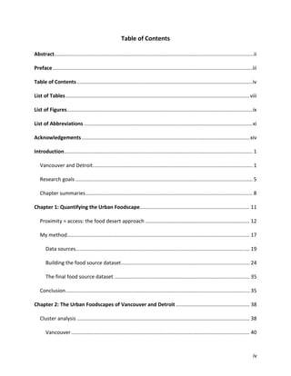 iv
Table of Contents
Abstract............................................................................................................................................ii
Preface............................................................................................................................................iii
Table of Contents ...........................................................................................................................iv
List of Tables.................................................................................................................................viii
List of Figures..................................................................................................................................ix
List of Abbreviations ......................................................................................................................xi
Acknowledgements......................................................................................................................xiv
Introduction.................................................................................................................................... 1
Vancouver and Detroit................................................................................................................ 1
Research goals ............................................................................................................................ 5
Chapter summaries..................................................................................................................... 8
Chapter 1: Quantifying the Urban Foodscape............................................................................. 11
Proximity = access: the food desert approach ......................................................................... 12
My method................................................................................................................................ 17
Data sources.......................................................................................................................... 19
Building the food source dataset.......................................................................................... 24
The final food source dataset ............................................................................................... 35
Conclusion................................................................................................................................. 35
Chapter 2: The Urban Foodscapes of Vancouver and Detroit.................................................... 38
Cluster analysis ......................................................................................................................... 38
Vancouver............................................................................................................................. 40
 