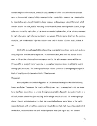 71
coordinate plane. For example, one could calculate Moran’s I for census tracts with disease
rates to determine if – overall – high rates tend to be close to high rates and low rates tend to
be close to low rates. Anselin took this global measure and developed a Local Moran’s I, which
delivers a value for each feature indicating one of five outcomes: an insignificant cluster, a high
value surrounded by high values, a low value surrounded by low values, a low value surrounded
by high values, or a high value surrounded by low values. With the same data from the previous
example, LISA could indicate – for each tract – what kind of disease cluster it was a part of, if
any.
While LISA is usually applied to data existing on a spatial coordinate plane, such as those
using longitude and latitude to represent a real world location, this need not always be the
case. In this section, the coordinate data generated by the MDS analyses above will be run
through LISA to assess if tracts’ clustering in conceptual foodscape space is related to several
demographic measures. This technique will allow further specificity to emerge regarding what
kinds of neighborhoods have what kinds of food sources.
Vancouver
As displayed in the charts in Appendix B: Local Indicators of Spatial Association Using
Foodscape Data – Vancouver, the locations of Vancouver tracts in conceptual foodscape space
have significant connections to several demographic variables. Figure B1 shows the results of a
LISA on percent owner-occupied housing. While a large amount of tracts fall in the high-high
cluster, there is a distinct pattern to their placement in foodscape space. Many of the highly
residential tracts with overall low presence are located in the high-high cluster towards the left
of the chart, in addition to tracts with more expensive rents (see Figure B2). This pattern
 