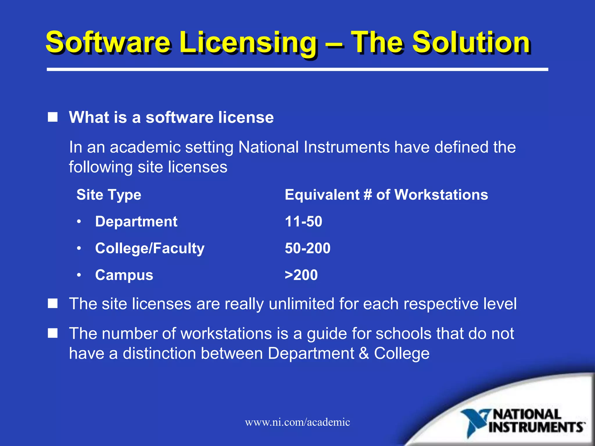www.ni.com/academic
Software Licensing – The Solution
 What is a software license
In an academic setting National Instruments have defined the
following site licenses
Site Type Equivalent # of Workstations
• Department 11-50
• College/Faculty 50-200
• Campus >200
 The site licenses are really unlimited for each respective level
 The number of workstations is a guide for schools that do not
have a distinction between Department & College
 