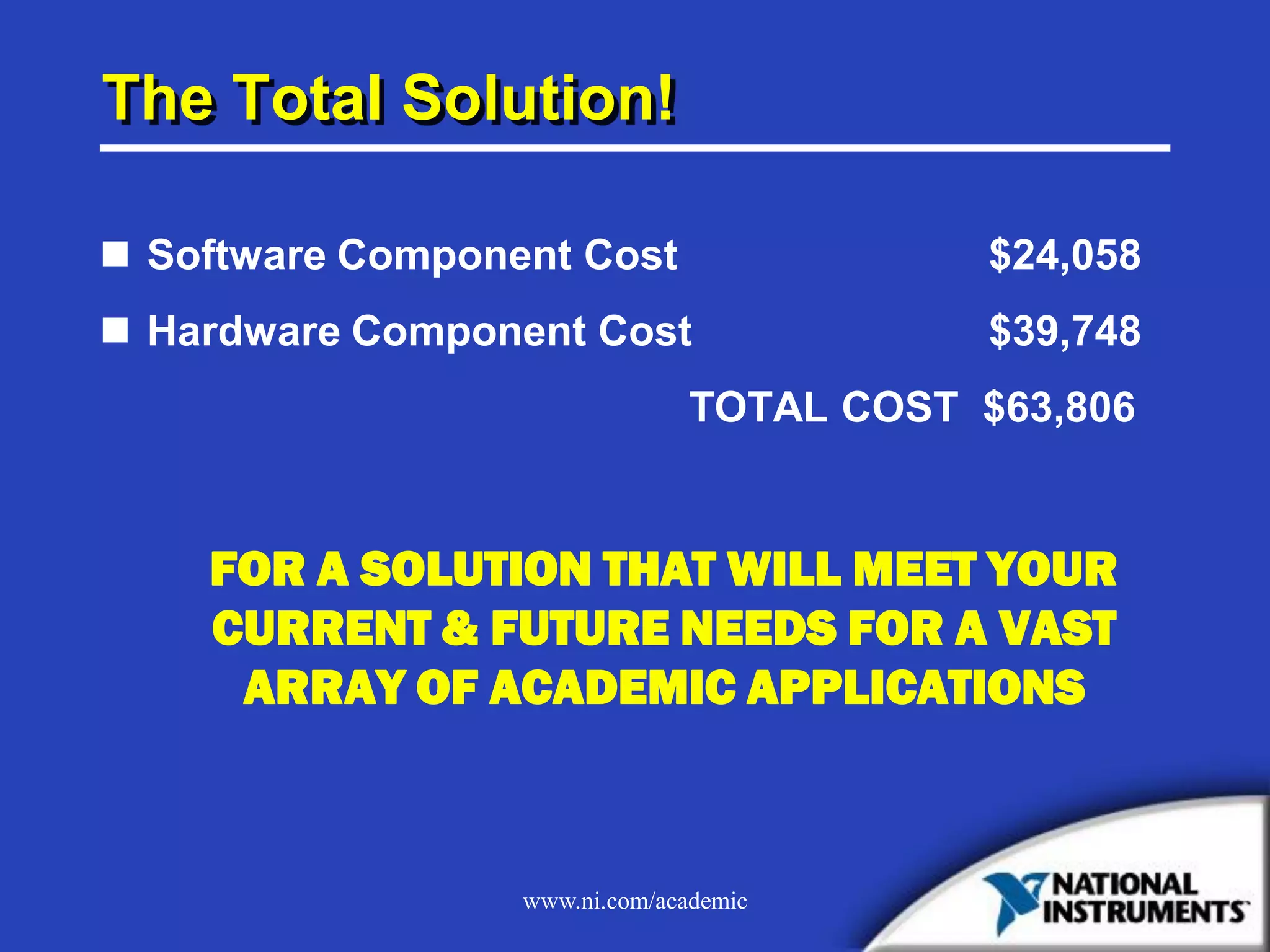 www.ni.com/academic
The Total Solution!
 Software Component Cost $24,058
 Hardware Component Cost $39,748
TOTAL COST $63,806
FOR A SOLUTION THAT WILL MEET YOUR
CURRENT & FUTURE NEEDS FOR A VAST
ARRAY OF ACADEMIC APPLICATIONS
 