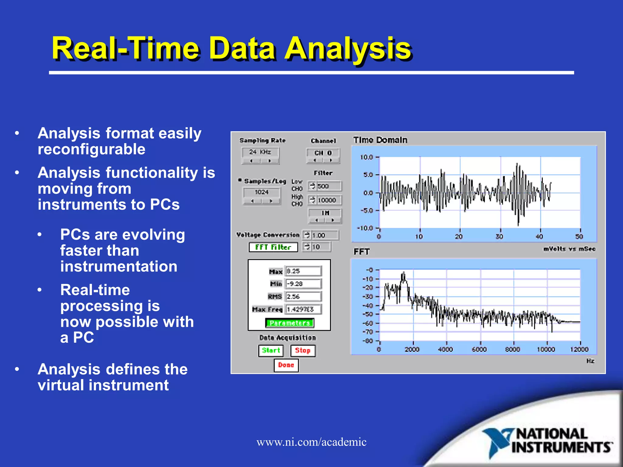 www.ni.com/academic
Real-Time Data Analysis
• PCs are evolving
faster than
instrumentation
• Real-time
processing is
now possible with
a PC
• Analysis format easily
reconfigurable
• Analysis functionality is
moving from
instruments to PCs
• Analysis defines the
virtual instrument
 