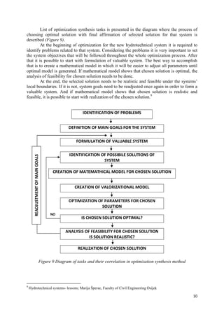 10
List of optimization synthesis tasks is presented in the diagram where the process of
choosing optimal solution with final affirmation of selected solution for that system is
described (Figure 9).
At the beginning of optimization for the new hydrotechnical system it is required to
identify problems related to that system. Considering the problems it is very important to set
the system objectives that will be followed throughout the whole optimization process. After
that it is possible to start with formulation of valuable system. The best way to accomplish
that is to create a mathematical model in which it will be easier to adjust all parameters until
optimal model is generated. If mathematical model shows that chosen solution is optimal, the
analysis of feasibility for chosen solution needs to be done.
At the end, the selected solution needs to be realistic and feasible under the systems’
local boundaries. If it is not, system goals need to be readjusted once again in order to form a
valuable system. And if mathematical model shows that chosen solution is realistic and
feasible, it is possible to start with realization of the chosen solution.9
IDENTIFICATION OF PROBLEMS
DEFINITION OF MAIN GOALS FOR THE SYSTEM
FORMULATION OF VALUABLE SYSTEM
IDENTIFICATION OF POSSIBILE SOLUTIONS OF
SYSTEM
CREATION OF MATEMATHICAL MODEL FOR CHOSEN SOLUTION
CREATION OF VALORIZATIONAL MODEL
OPTIMIZATION OF PARAMETERS FOR CHOSEN
SOLUTION
IS CHOSEN SOLUTION OPTIMAL?
ANALYSIS OF FEASIBILITY FOR CHOSEN SOLUTION
IS SOLUTION REALISTIC?
REALIZATION OF CHOSEN SOLUTION
Figure 9 Diagram of tasks and their correlation in optimization synthesis method
9
Hydrotechnical systems- lessons; Marija Šperac, Faculty of Civil Engineering Osijek
READJUSTMENTOFMAINGOALS
NO
 
