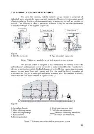 22
3.3.3. PARTIALLY SEPARATE SEWER SYSTEM
The same like separate, partially separate sewage system is composed of
individual sewer networks for stormwater and wastewater. However, for stormwater special
objects transferring first flows of stormwater directly to wastewater network are installed on
network. Then this water is taken to wastewater treatment facility and rest of the stormwater
is directly discharged to the recipient (Figure 21).
Legend:
1- Pipe for stormwater 2- Pipe for sanitary wastewater
Figure 21 Objects – manholes on partially separate sewage systems
This kind of system is designed to take stormwater and sanitary water with
different sewers and selectively convey stormwater to water treatment facility. From the view
of water protection in recipient, this kind of system is preferable than classic separate sewage
system, because water from road cleaning and first rain runoff is directly comprised of
wastewater and directed to municipal wastewater treatment plant. The complete schematic
view with water flow detail is shown in Figures 22 and 23.
Legend:
1. Secondary channels
2. Main collecting sewers
3. Main discharge sewage
4. Rain overflow
5. Stormwater outlet
6. Wastewater treatment plant
7. Purified wastewater outlet
_____ Channels for sanitary wastewater
- - - - - Channels for stormwater
Figure 22 Schematic view of partially separate sewer system
LAYOUT CROSS SECTION CROSS SECTION
 