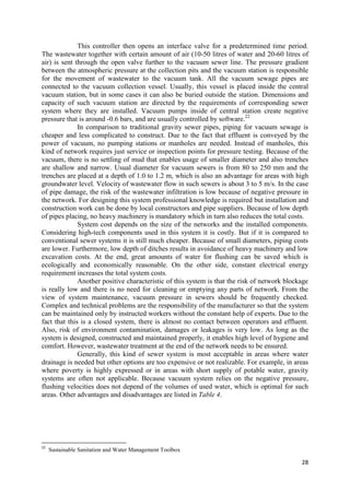 28
This controller then opens an interface valve for a predetermined time period.
The wastewater together with certain amount of air (10-50 litres of water and 20-60 litres of
air) is sent through the open valve further to the vacuum sewer line. The pressure gradient
between the atmospheric pressure at the collection pits and the vacuum station is responsible
for the movement of wastewater to the vacuum tank. All the vacuum sewage pipes are
connected to the vacuum collection vessel. Usually, this vessel is placed inside the central
vacuum station, but in some cases it can also be buried outside the station. Dimensions and
capacity of such vacuum station are directed by the requirements of corresponding sewer
system where they are installed. Vacuum pumps inside of central station create negative
pressure that is around -0.6 bars, and are usually controlled by software.22
In comparison to traditional gravity sewer pipes, piping for vacuum sewage is
cheaper and less complicated to construct. Due to the fact that effluent is conveyed by the
power of vacuum, no pumping stations or manholes are needed. Instead of manholes, this
kind of network requires just service or inspection points for pressure testing. Because of the
vacuum, there is no settling of mud that enables usage of smaller diameter and also trenches
are shallow and narrow. Usual diameter for vacuum sewers is from 80 to 250 mm and the
trenches are placed at a depth of 1.0 to 1.2 m, which is also an advantage for areas with high
groundwater level. Velocity of wastewater flow in such sewers is about 3 to 5 m/s. In the case
of pipe damage, the risk of the wastewater infiltration is low because of negative pressure in
the network. For designing this system professional knowledge is required but installation and
construction work can be done by local constructors and pipe suppliers. Because of low depth
of pipes placing, no heavy machinery is mandatory which in turn also reduces the total costs.
System cost depends on the size of the networks and the installed components.
Considering high-tech components used in this system it is costly. But if it is compared to
conventional sewer systems it is still much cheaper. Because of small diameters, piping costs
are lower. Furthermore, low depth of ditches results in avoidance of heavy machinery and low
excavation costs. At the end, great amounts of water for flushing can be saved which is
ecologically and economically reasonable. On the other side, constant electrical energy
requirement increases the total system costs.
Another positive characteristic of this system is that the risk of network blockage
is really low and there is no need for cleaning or emptying any parts of network. From the
view of system maintenance, vacuum pressure in sewers should be frequently checked.
Complex and technical problems are the responsibility of the manufacturer so that the system
can be maintained only by instructed workers without the constant help of experts. Due to the
fact that this is a closed system, there is almost no contact between operators and effluent.
Also, risk of environment contamination, damages or leakages is very low. As long as the
system is designed, constructed and maintained properly, it enables high level of hygiene and
comfort. However, wastewater treatment at the end of the network needs to be ensured.
Generally, this kind of sewer system is most acceptable in areas where water
drainage is needed but other options are too expensive or not realizable. For example, in areas
where poverty is highly expressed or in areas with short supply of potable water, gravity
systems are often not applicable. Because vacuum system relies on the negative pressure,
flushing velocities does not depend of the volumes of used water, which is optimal for such
areas. Other advantages and disadvantages are listed in Table 4.
22
Sustainable Sanitation and Water Management Toolbox
 