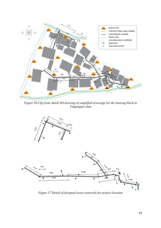 53
Figure 56 Clip from AutoCAD drawing of simplified sewerage for the housing block in
Vingunguti slum
Figure 57 Detail of designed sewer networks for project location
 