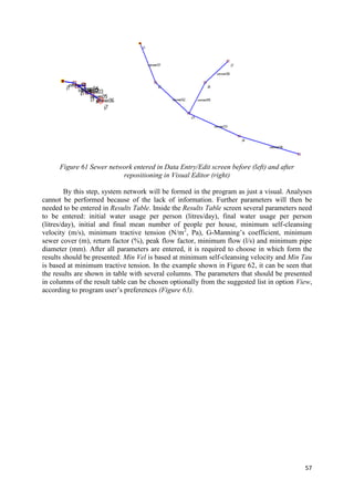 57
Figure 61 Sewer network entered in Data Entry/Edit screen before (left) and after
repositioning in Visual Editor (right)
By this step, system network will be formed in the program as just a visual. Analyses
cannot be performed because of the lack of information. Further parameters will then be
needed to be entered in Results Table. Inside the Results Table screen several parameters need
to be entered: initial water usage per person (litres/day), final water usage per person
(litres/day), initial and final mean number of people per house, minimum self-cleansing
velocity (m/s), minimum tractive tension (N/m2
, Pa), G-Manning’s coefficient, minimum
sewer cover (m), return factor (%), peak flow factor, minimum flow (l/s) and minimum pipe
diameter (mm). After all parameters are entered, it is required to choose in which form the
results should be presented: Min Vel is based at minimum self-cleansing velocity and Min Tau
is based at minimum tractive tension. In the example shown in Figure 62, it can be seen that
the results are shown in table with several columns. The parameters that should be presented
in columns of the result table can be chosen optionally from the suggested list in option View,
according to program user’s preferences (Figure 63).
 