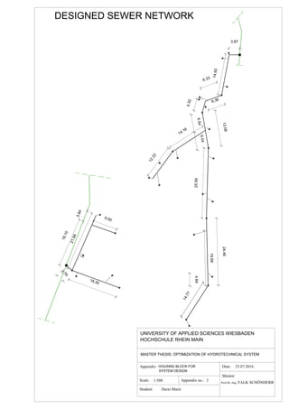 14.77
4.64
19.99
24.46
25.59
13.08
4.32
6.33
14.93
3.87
21.94
18.35
2.79
9.00
6.36
6.54
6.54
14.16
12.33
3.84
18.10
DESIGNED SEWER NETWORK
UNIVERSITY OF APPLIED SCIENCES WIESBADEN
HOCHSCHULE RHEIN MAIN
MASTER THESIS: OPTIMIZATION OF HYDROTECHNICAL SYSTEM
Appendix:
Scale: Appendix no.:
Student:
Date:
Mentor:
25.07.2016.
Prof.Dr.-Ing.
HOUSING BLOCK FOR
SYSTEM DESIGN
1:500 3
 