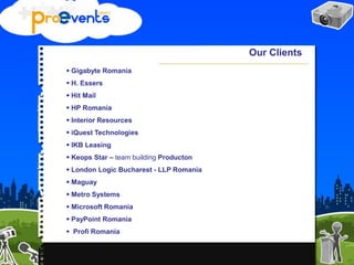  Gigabyte Romania
 H. Essers
 Hit Mail
 HP Romania
 Interior Resources
 iQuest Technologies
 IKB Leasing
 Keops Star – team building Producton
 London Logic Bucharest - LLP Romania
 Maguay
 Metro Systems
 Microsoft Romania
 PayPoint Romania
 Profi Romania
Our Clients
 