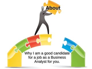 AboutAbout
Why I am a good candidateWhy I am a good candidate
for a job as a Businessfor a job as a Business
Analyst for you.Analyst for you.
 