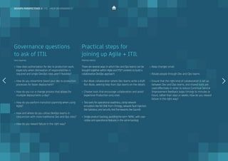 »» How does authorisation for dev to production work,
especially when delineation of responsibilities is
required and single DevOps roles aren’t feasible?
»» How do you streamline (lean) your dev to production
processes for faster deployment?
»» How do you run a change process that allows for
multiple deployments a day?
»» How do you perform transition planning when using
Agile?
»» How and where do you utilise DevOps teams in
conjunction with more traditional Dev and Ops silos?
»» How do you reward failure in the right way?
Governance questions
to ask of ITIL
Harry Vazanias
There are several ways in which Dev and Ops teams can be
brought together within Agile and ITIL® contexts to build a
collaborative DevOps approach:
»» Run Book collaboration where Dev teams write a draft
Run Book, seeking help from Ops teams on the details
»» Choose tools that encourage collaboration and avoid
expensive Production-only ones
»» Test early for operational readiness, using network
emulators like NE-ONE from iTrinegy, network fault injectors
like Saboteur, and security test frameworks like Gauntlt
»» Single product backlog, avoiding the term ‘NFRs’, with user-
visible and operational features in the same backlog
Practical steps for
joining up Agile + ITIL
Matthew Skelton
»» Keep changes small
»» Rotate people through Dev and Ops teams
»» Ensure that the right kind of collaboration is set up
between Dev and Ops teams, and shared tools are
used effectively in order to reduce Continual Service
Improvement feedback loops timings to minutes or
hours, rather than days or weeks. How do you reward
failure in the right way?
devops perspectives 2 | ITIL – help or hindrance?
 