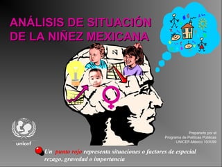 Un punto rojo representa situaciones o factores de especial
rezago, gravedad o importancia
ANÁLISIS DE SITUACIÓNANÁLISIS DE SITUACIÓN
DE LA NIÑEZ MEXICANADE LA NIÑEZ MEXICANA
Preparado por el
Programa de Políticas Públicas
UNICEF-México 10/X/99
 