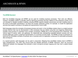 СТРАНИЦА 18
ARCHIMATE & BPMN
ArchiMate® 3.0 Specification. Copyright © 2012-2016 The Open Group
The BPMN Standard
Both the ArchiMate language and BPMN can be used for modeling business processes. Their aims are different,
however. ArchiMate notation is typically used for high-level processes and their relations to the enterprise context, but is
not intended for detailed workflow modeling, whereas BPMN supports detailed sub-process and task modeling down to
the level of executable specifications, but lacks the broader enterprise context, for example, to model the application
services that support a process or the goals and requirements it has to fulfill.
Both languages share the concepts of (business) process and event. In the ArchiMate notation there is a single business
process element that may be decomposed in other processes that are related using flow and triggering relationships,
possibly using junctions to represent more complex connections. BPMN has a more fine-grained set of elements, with
various types of events, tasks, and gateways. Its metamodel also distinguishes explicitly between process and sub-
process (although it lacks a graphical representation of a business process itself). The BPMN concept of participant (or
pool) and the ArchiMate concepts of business role or business actor (or application component for automated processes)
also correspond.
In a typical scenario, both languages can be used in conjunction. Mapping from ArchiMate notation down to BPMN is
fairly straightforward. The other way around loses the detailed elements of BPMN. Moreover, there are structural
differences between the languages that preclude a direct concept-to-concept mapping and may merit a pattern-based
approach.
 