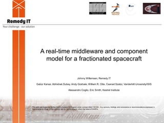 A real-time middleware and component
model for a fractionated spacecraft
Johnny Willemsen; Remedy IT
Gabor Karsai, Abhishek Dubey, Andy Gokhale, William R. Otte, Csanad Szabo; Vanderbilt University/ISIS
Alessandro Coglio, Eric Smith; Kestrel Institute
This work was supported by the DARPA System F6 Program under contract NNA11AC08C. Any opinions, findings, and conclusions or recommendations expressed in
this material are those of the author(s) and do not necessarily reflect the views of DARPA.
 